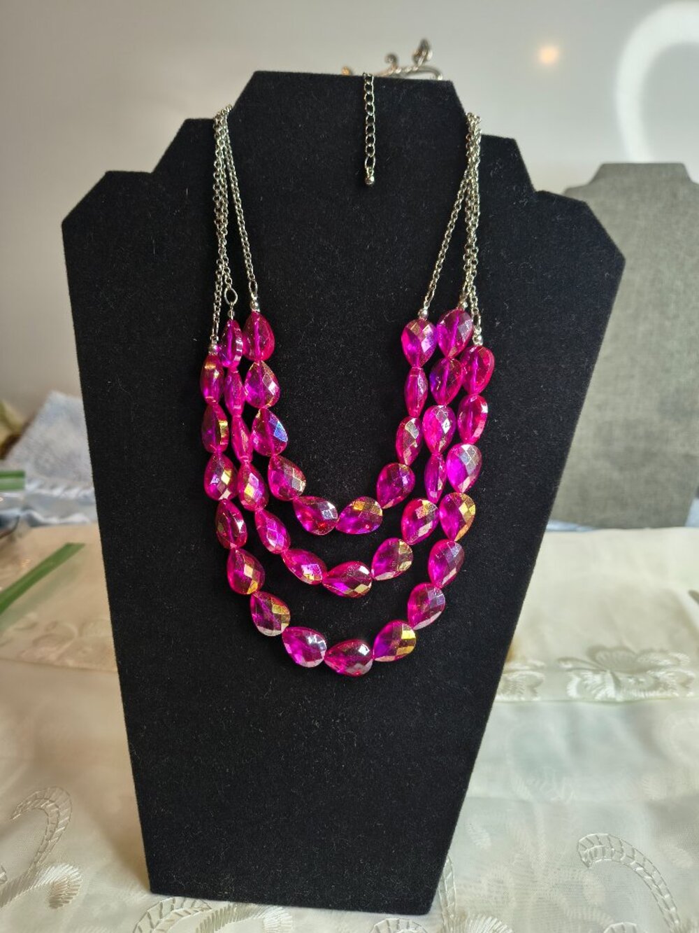 Charming Charlie 3 strand Silver Tone Vibrant Pink Glass Beaded Necklace